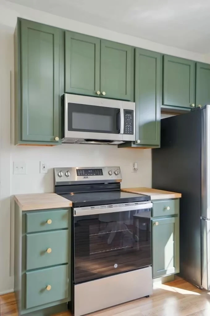 Green cabinets with stainless steel range and microwave